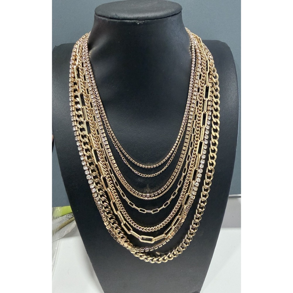 Gold Tone Multi Strand Layered Chain Necklace Rhinestone Statement 24" - Picture 9 of 11